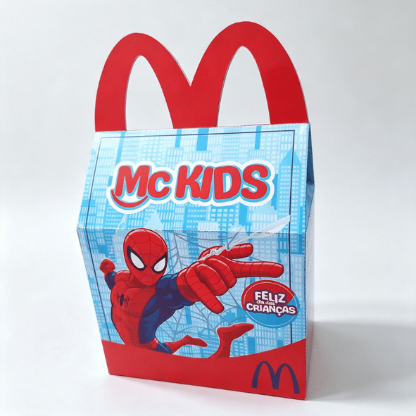 Caixa MC Lanche Feliz Homem Aranha, arquivo digital pronto para impressão e corte, perfeito para festas infantis temáticas do super-herói