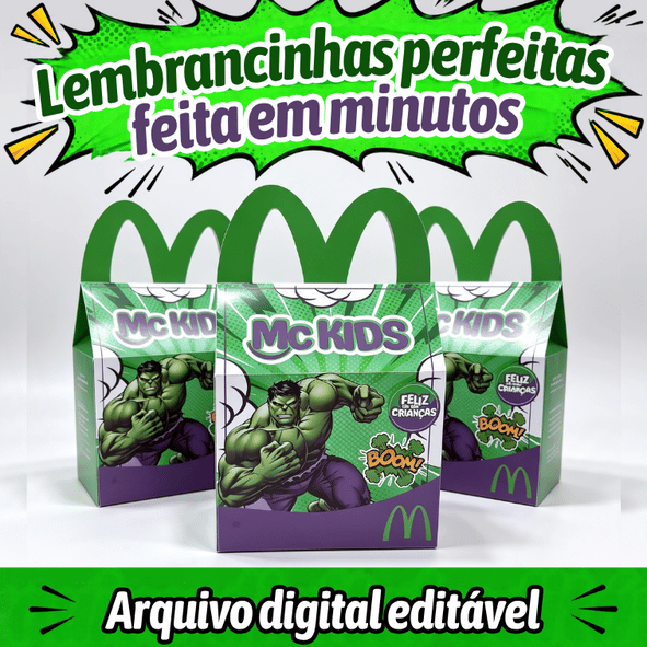 Caixa McLanche Feliz Hulk para festas infantis, arquivo digital pronto para corte e impressão em Studio e PDF.