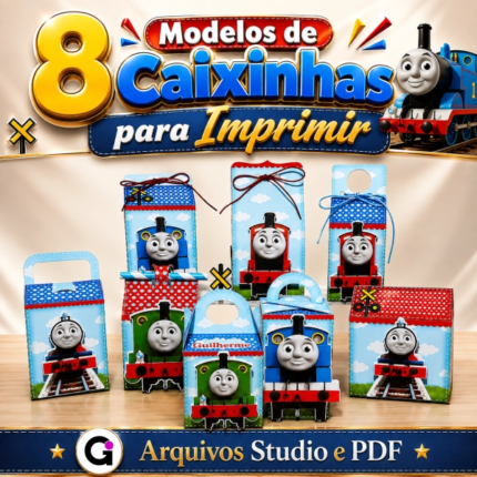 Caixas de lembrancinhas personalizadas de papel impressas em formato 3D feitas com o Kit 8 Caixa Thomas e seus amigos para decoração de festa infantil.