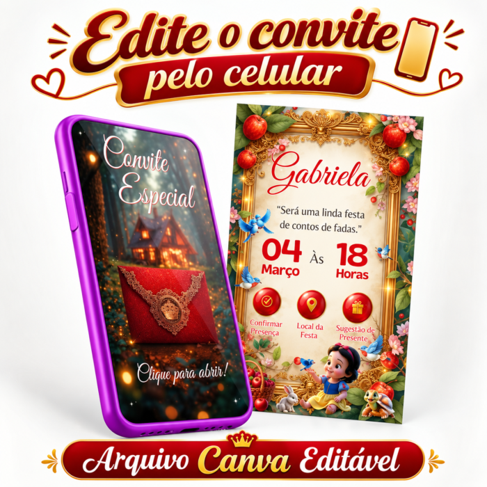 Modelo de convite digital branca de neve baby interativo com botões clicáveis de confirmação e mapa na floresta mágica