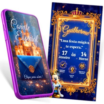 Convite digital mickey realeza interativo com o Mickey Príncipe no castelo mágico da Disney, editável no Canva.