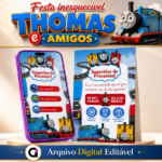 Design do convite digital Thomas e Seus Amigos interativo para aniversário infantil.