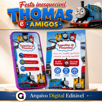 Design do convite digital Thomas e Seus Amigos interativo para aniversário infantil.