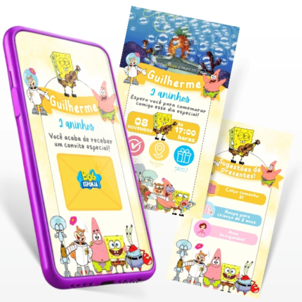 Modelo de Convite Digital Bob Esponja interativo e editável no Canva com botões clicáveis.
