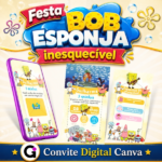 Modelo de Convite Digital Bob Esponja interativo e editável no Canva com botões clicáveis.
