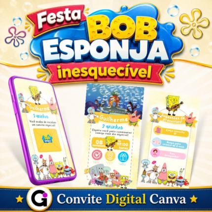 Modelo de Convite Digital Bob Esponja interativo e editável no Canva com botões clicáveis.