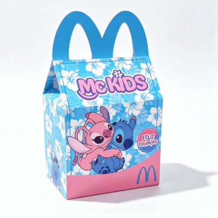 Caixa Mc Lanche Feliz Stitch e Angel em formato de arquivo de corte digital contendo estampa floral havaiana azul e rosa com os personagens Stitch e Angel abraçados