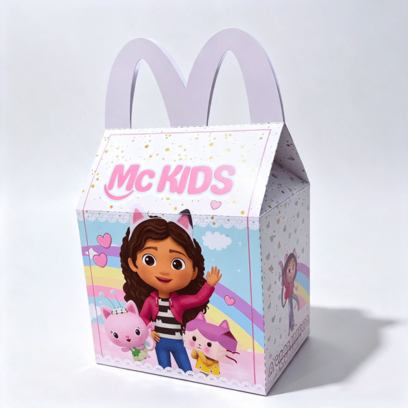 imagem anuncio (3) Caixa Mc Lanche Feliz A Casa Mágica da Gabby em tons pastéis azul e rosa com ilustrações da personagem Gabby e Pandy Gato