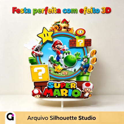Topo de bolo super mario bros personalizado em papel com efeito 3D em camadas com personagens do Reino dos Cogumelos