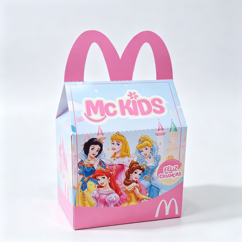 Caixa McLanche Princesas Disney para o Dia das Crianças, com Branca de Neve, Ariel, Aurora, Bela e Cinderela, um arquivo digital pronto para impressão e corte.