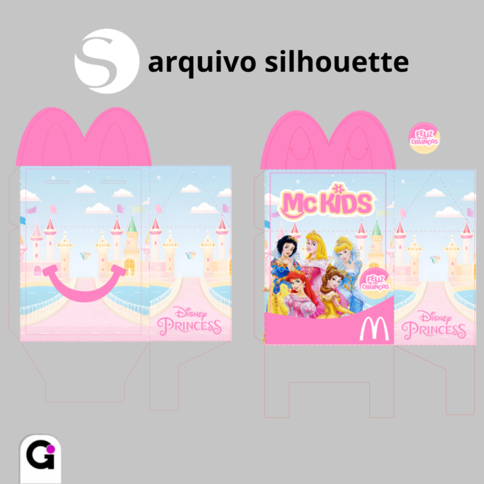 Caixa McLanche Princesas Disney para o Dia das Crianças, com Branca de Neve, Ariel, Aurora, Bela e Cinderela, um arquivo digital pronto para impressão e corte.