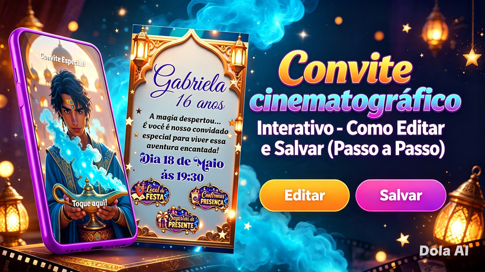 Transforme sua festa infantil com um convite cinematográfico interativo no Canva! Aprenda a editar e salvar seu convite tema Aladim de forma rápida e fácil.