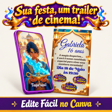 Jovem Aladim com lâmpada mágica e fumaça azul em um convite cinematográfico interativo Aladim, anunciando um evento especial com botões para localização e confirmação.