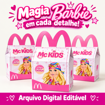 Arte de CAIXA MC LANCHE BARBIE temática da Barbie, em formato Studio e PDF, para festas infantis e dia das crianças.