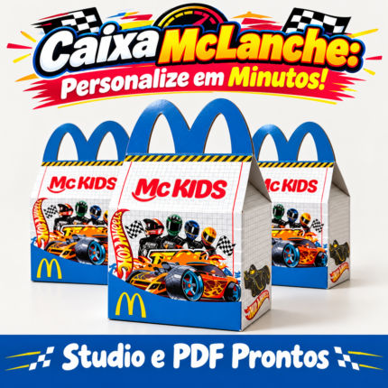 Caixa Mc Lanche Hot Wheels para festa infantil, arquivo digital Studio e PDF pronto para imprimir e cortar com tema de carrinhos de corrida.