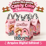 Caixa McLanche Fazendinha Candy Color em estilo coquette com estampa de vaquinha e aquarela, pronta para corte digital.