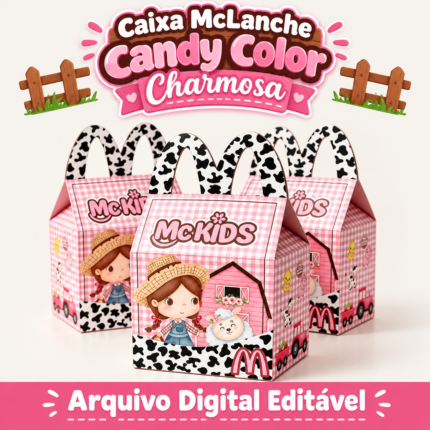 Caixa McLanche Fazendinha Candy Color em estilo coquette com estampa de vaquinha e aquarela, pronta para corte digital.
