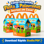 Caixa Mc Lanche 3 Palavrinhas para festa infantil, com personagens Sarah, Davi e Miguel, arte digital colorida e pronta para corte.