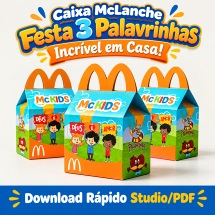 Caixa Mc Lanche 3 Palavrinhas para festa infantil, com personagens Sarah, Davi e Miguel, arte digital colorida e pronta para corte.