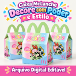 Arte digital de Caixa McLanche temática As Meninas Superpoderosas em formato Studio e PDF para impressão e corte, perfeita para festas infantis.