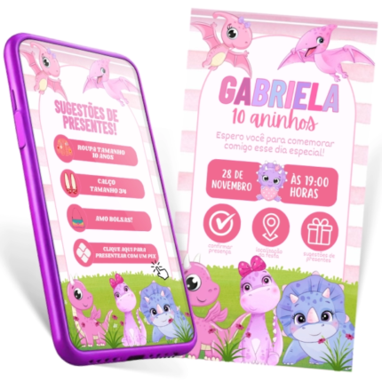 Convite Interativo Dinossauros Rosa para festa de 10 anos da Gabriela, editável no Canva, com botões para confirmação de presença e sugestões de presentes.