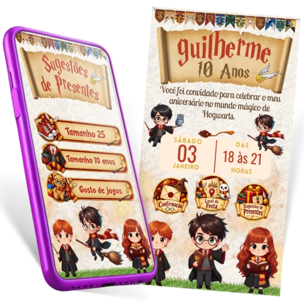 Convite Harry Potter Interativo digital para festa de aniversário com botões de localização e RSVP, tema Hogwarts.
