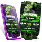 Convite digital Hulk personalizável no Canva, com o personagem e detalhes da festa do Guilherme em verde e roxo.