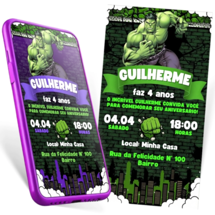 Convite digital Hulk personalizável no Canva, com o personagem e detalhes da festa do Guilherme em verde e roxo.