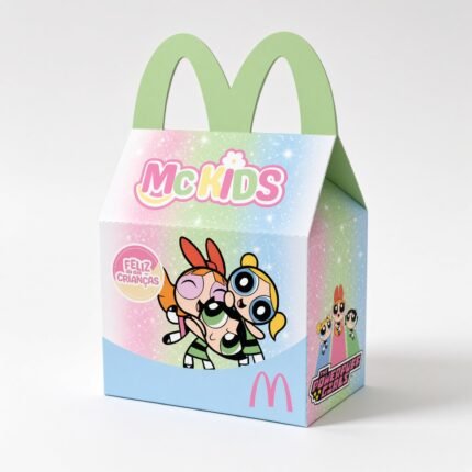 Arte digital de Caixa McLanche temática As Meninas Superpoderosas em formato Studio e PDF para impressão e corte, perfeita para festas infantis.