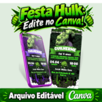 Convite digital Hulk personalizável no Canva, com o personagem e detalhes da festa do Guilherme em verde e roxo.
