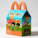 Caixa Mc Lanche 3 Palavrinhas para festa infantil, com personagens Sarah, Davi e Miguel, arte digital colorida e pronta para corte.