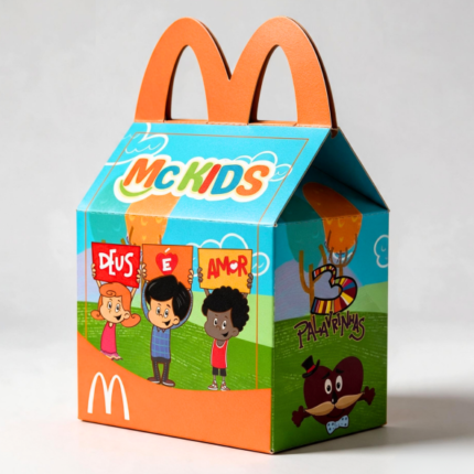 Caixa Mc Lanche 3 Palavrinhas para festa infantil, com personagens Sarah, Davi e Miguel, arte digital colorida e pronta para corte.