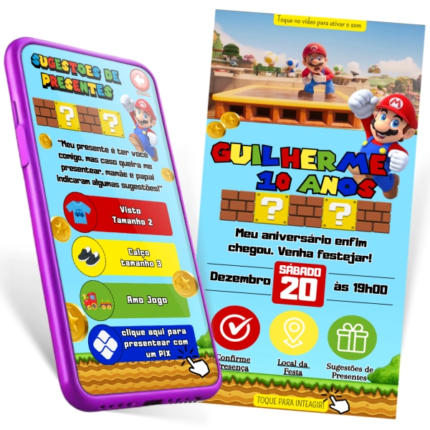 Convite Animado Interativo Mario Bros para aniversário de 10 anos do Guilherme, com Mario, blocos, moedas e botões clicáveis.
