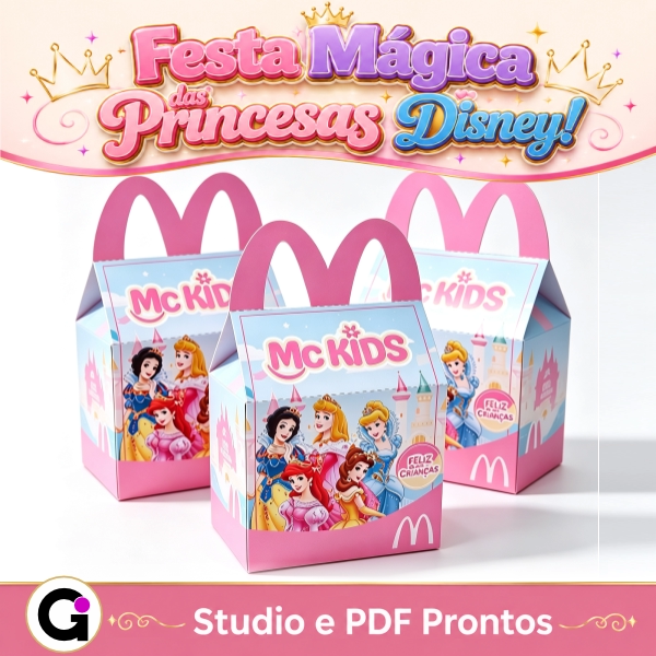 Caixa McLanche Princesas Disney para o Dia das Crianças, com Branca de Neve, Ariel, Aurora, Bela e Cinderela, um arquivo digital pronto para impressão e corte.
