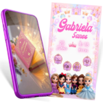 Convite Digital Cinematográfico Princesas Cute interativo com Rapunzel, Branca de Neve, Elsa, Anna, Moana e Cinderela para festas infantis.