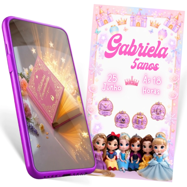 Convite Digital Cinematográfico Princesas Cute interativo com Rapunzel, Branca de Neve, Elsa, Anna, Moana e Cinderela para festas infantis.