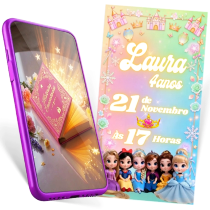 Convite cinematográfico Princesas Baby digital editável no Canva, perfeito para festas infantis temáticas com princesas fofas.