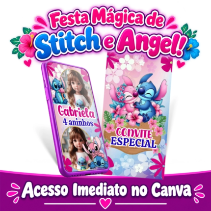 Convite Animado Stitch e Angel, personalizado no Canva, tema Lilo & Stitch com flores tropicais.