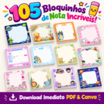 Coleção digital do Pack 105 Bloquinhos de Nota para Imprimir, incluindo temas de Orkut, Hello Kitty, Moana, Demon Slayer, personagens variados de animes e cultura pop, ideal para papelaria personalizada em PDF e Canva.
