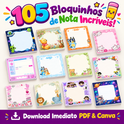 Coleção digital do Pack 105 Bloquinhos de Nota para Imprimir, incluindo temas de Orkut, Hello Kitty, Moana, Demon Slayer, personagens variados de animes e cultura pop, ideal para papelaria personalizada em PDF e Canva.
