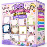 Coleção digital do Pack 105 Bloquinhos de Nota para Imprimir, incluindo temas de Orkut, Hello Kitty, Moana, Demon Slayer, personagens variados de animes e cultura pop, ideal para papelaria personalizada em PDF e Canva.
