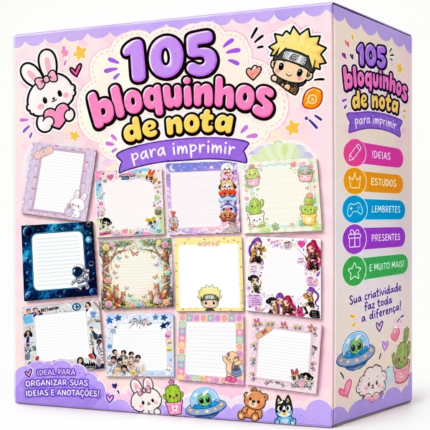 Coleção digital do Pack 105 Bloquinhos de Nota para Imprimir, incluindo temas de Orkut, Hello Kitty, Moana, Demon Slayer, personagens variados de animes e cultura pop, ideal para papelaria personalizada em PDF e Canva.