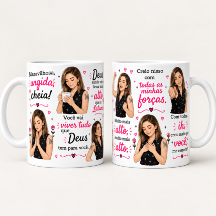 Arte Caneca Inspiração Evangélica, design digital personalizável para sublimação com frases inspiradoras e ilustrações de jovem em oração e comemoração.