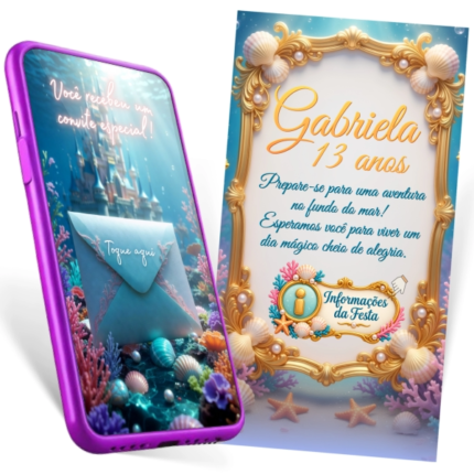 Convite Cinematográfico Interativo Sereia Ariel para aniversário de 13 anos da Gabriela, com cenário submarino e elementos animados de Ariel, Linguado e Sebastião.