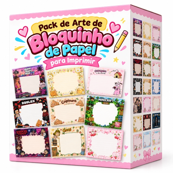 bloquinho Pack de Arte Bloquinho de Papel para Imprimir com 51 modelos digitais variados, incluindo Ursinhos fofos, Stranger Things, Star Trek, Roblox, Moranguinho, Cocô fofo, Margaridas, GTA V, Gatinhos, Ursinho Seja Luz, Romance, Dragões, Doctor Who, Coragem Cão Covarde, Chaves, Cerejas Coquette, BT21, BTS, Abelhas, Garfield, GTA VI, Snoopy, Minecraft, Harry Potter Chibi, Magia e Bruxaria, Scooby-Doo, Stitch, Naruto, BTS Tons Pastéis, Chaves Personagens, The Vampire Diaries, Japão tradicional, Snoopy Charlie Brown Sally, Izuku Midoriya Deku, Capivaras Paz, BTS I Purple You, Flamengo, Floral Rosas, Borboletas Tudo no seu Tempo, Organização Bons Planos, Dia dos Professores, Outubro Rosa, Setembro Amarelo, Novembro Azul, Natal, As Meninas Superpoderosas, F.R.I.E.N.D.S, Hello Kitty, Pânico Ghostface, Coraline, As Meninas Superpoderosas Florzinha Lindinha Docinho, oferecendo praticidade para papelaria personalizada.