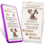 Convite Digital Interativo Chá Revelação com tema de ursinho em tons neutros, editável no Canva.