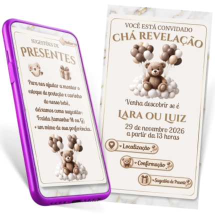 Convite Digital Interativo Chá Revelação com tema de ursinho em tons neutros, editável no Canva.