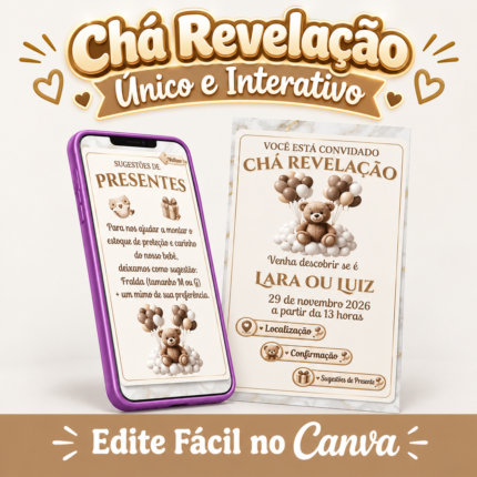 Convite Digital Interativo Chá Revelação com tema de ursinho em tons neutros, editável no Canva.