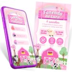 Convite Digital Interativo Fazendinha Rosa no Canva, com cenário de fazenda e animais fofos em tons pastel, botões clicáveis para festa de 4 aninhos da Lara, incluindo sugestões de presentes com jaqueta florida e sapatos azuis.