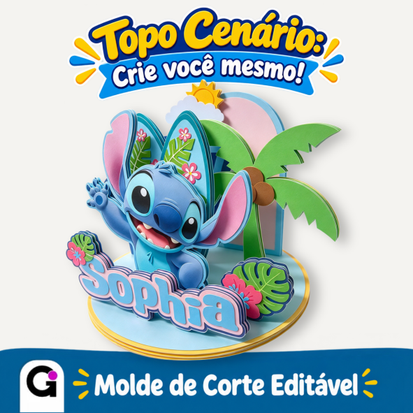 Topo de Bolo Cenário Stitch em camadas de papel, com Stitch sorrindo e acenando, cercado por elementos tropicais como palmeira, hibiscos, prancha de surfe e sol amarelo, sobre base oval dourada, pronto para festa.